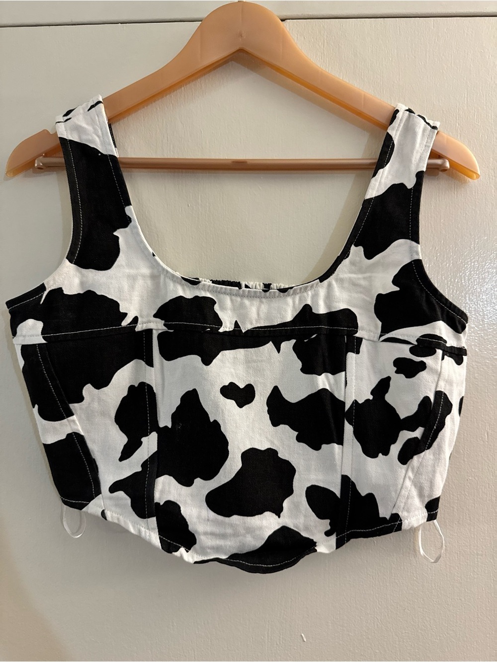 Lone Star Cow Print Scoop Neck Crop Tank Top - Black & White Cotton Medium
